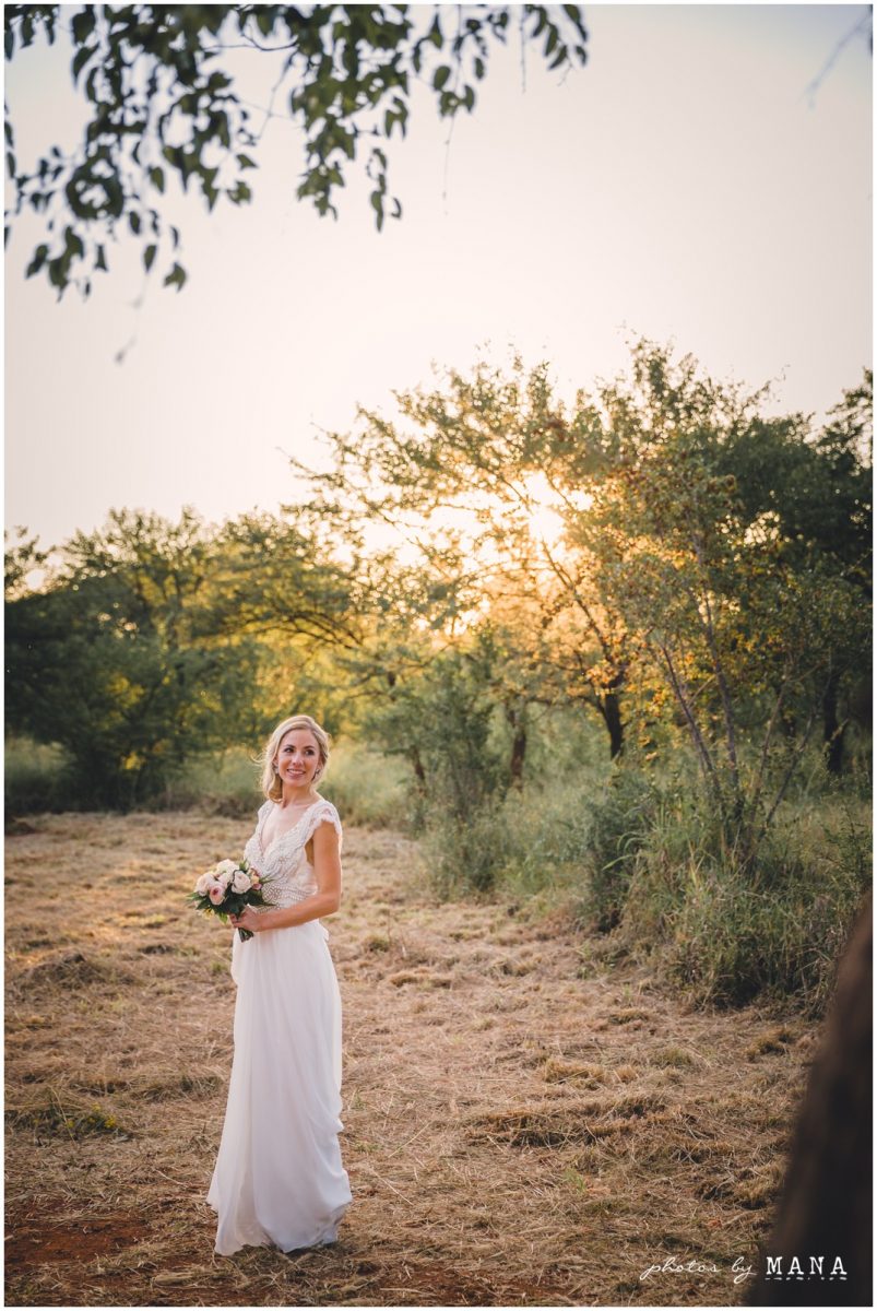 Steph and Max's garden wedding in Bulawayo, Zimbabwe with bride and groom shoot in open wild bush and scrubland near their home.
