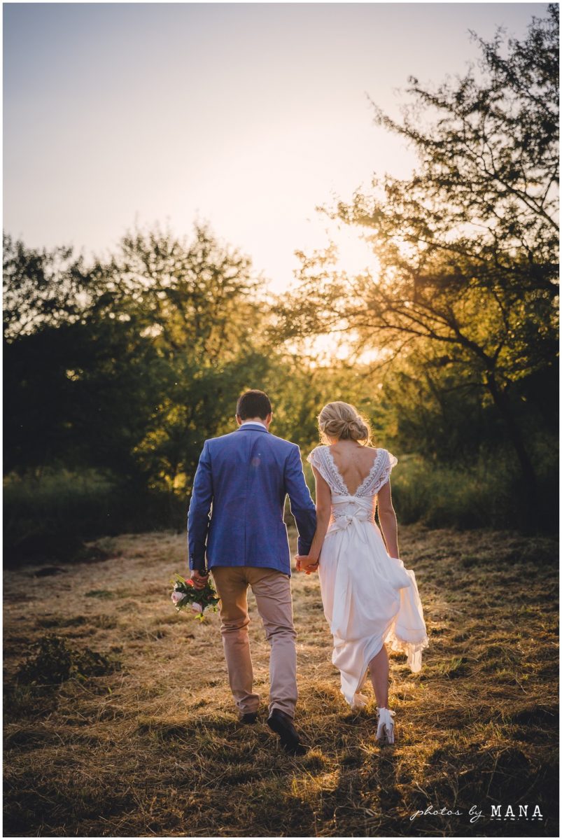 Steph and Max's garden wedding in Bulawayo, Zimbabwe with bride and groom shoot in open wild bush and scrubland near their home.