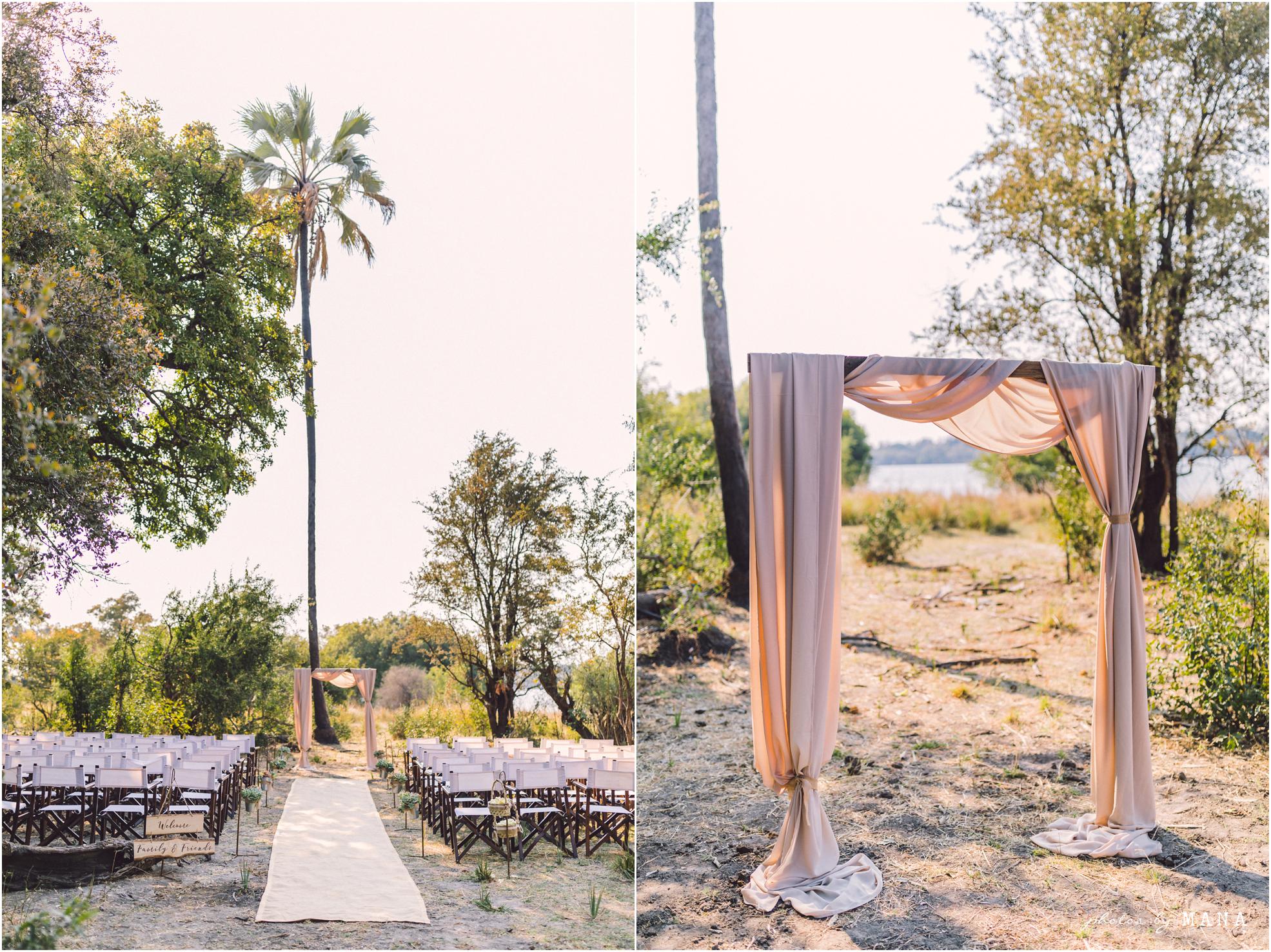 African safari wedding on the banks of the Zambezi River in Victoria Falls, Zimbabwe. Wedding planning by Vic Falls Occasions. Photography by Photos by Mana.