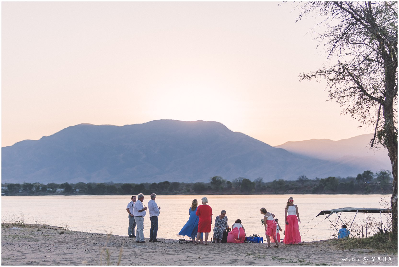 Safari destination bush wedding on the Zambezi River in Lower Zambezi National Park, Zambia.