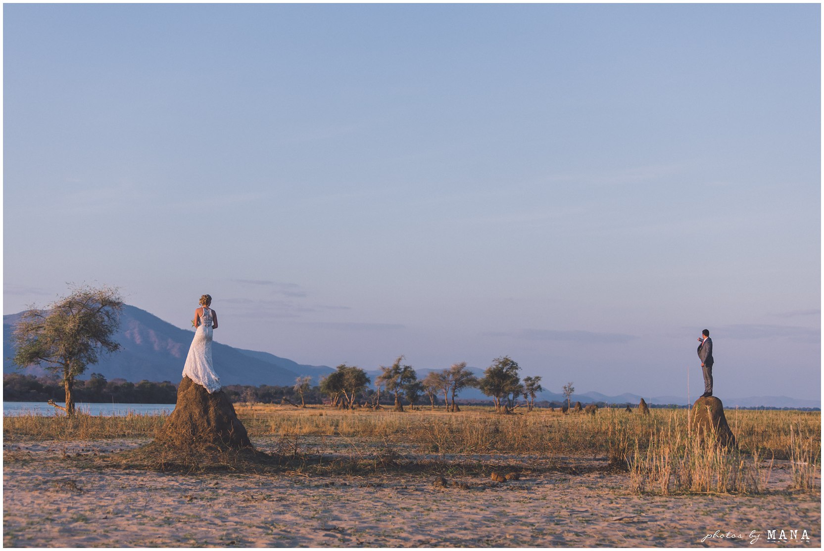 Safari destination bush wedding on the Zambezi River in Lower Zambezi National Park, Zambia.