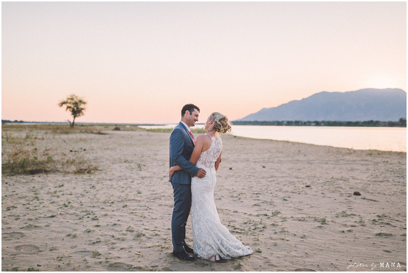 Safari destination bush wedding on the Zambezi River in Lower Zambezi National Park, Zambia.
